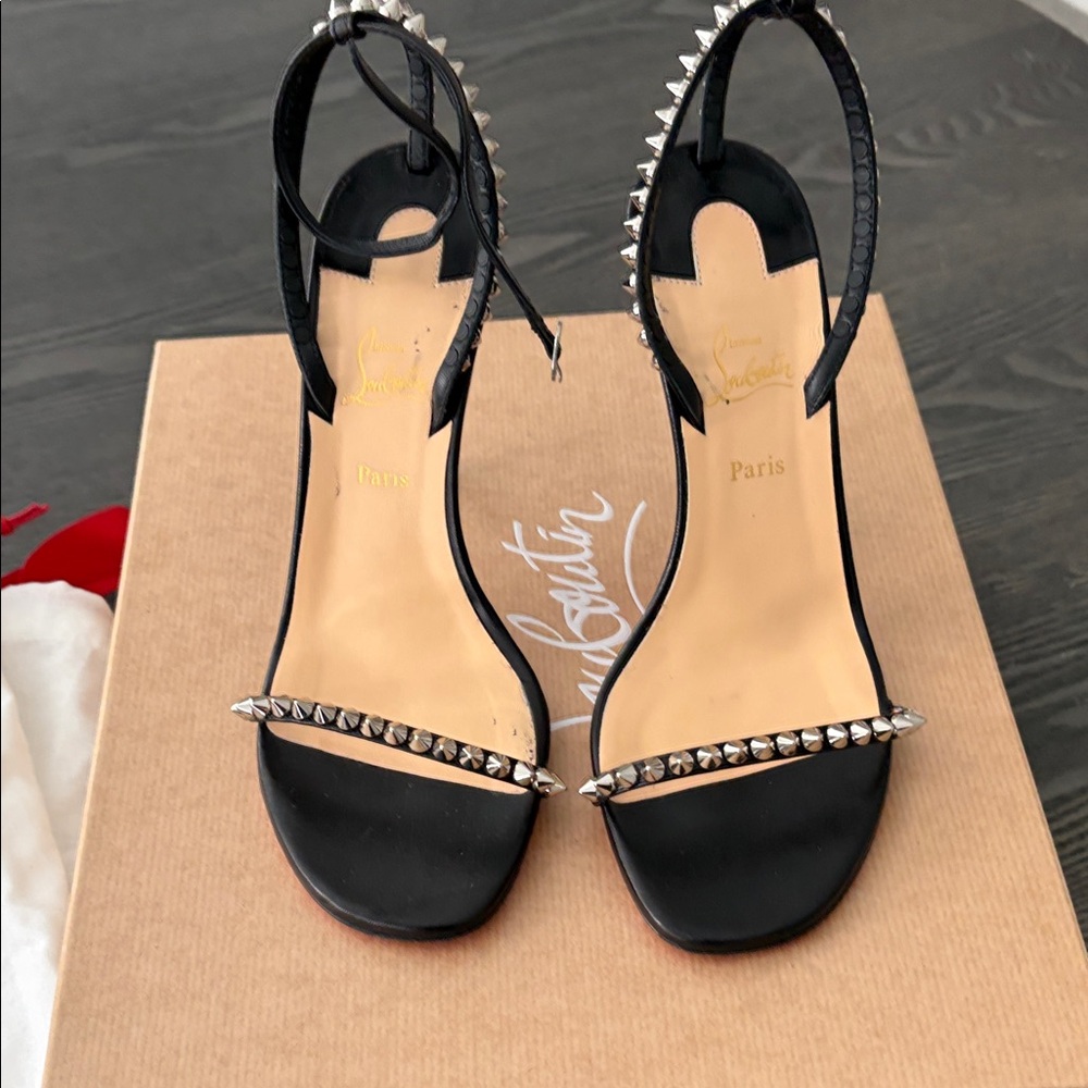 Christian Louboutin Black Leather Studded Open-Toe Ankle-Strap Heels